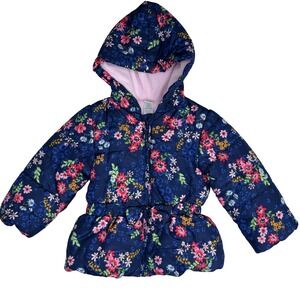 Little Me Jacket Girls 2T‎ Blue Floral Hooded Puffer Fleece Lined Bow Zip Winter